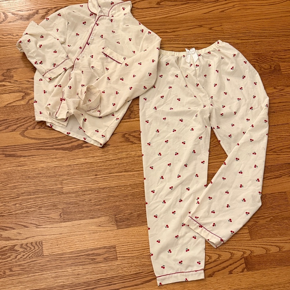 Women’s Cream Pajama Set SIZE L with Red Cherry print